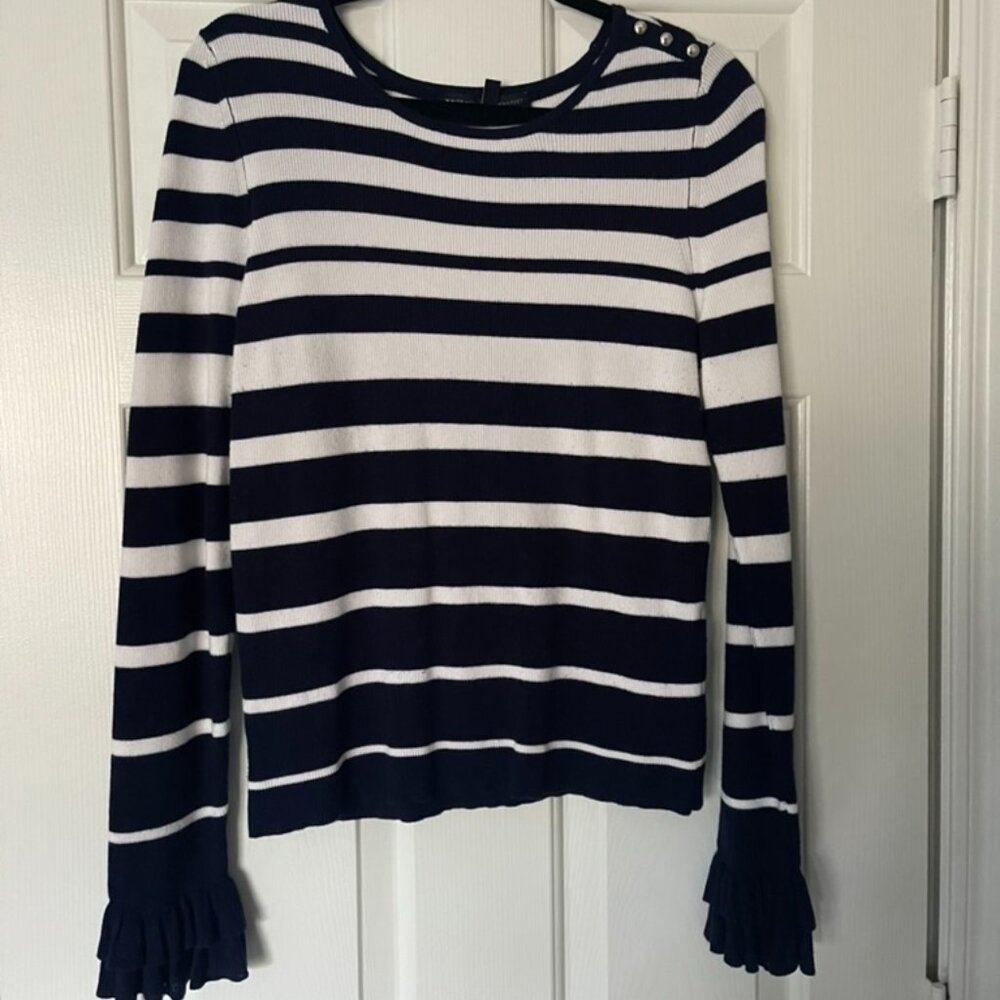 WHBM Ruffle Sleeve Striped Sweater Navy & White Size M